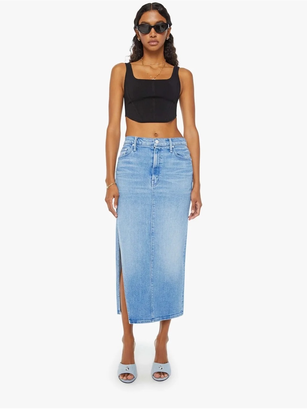Mother Denim The Split Second Midi Slit Denim Skirt In Mediterranean Muse Sz 26